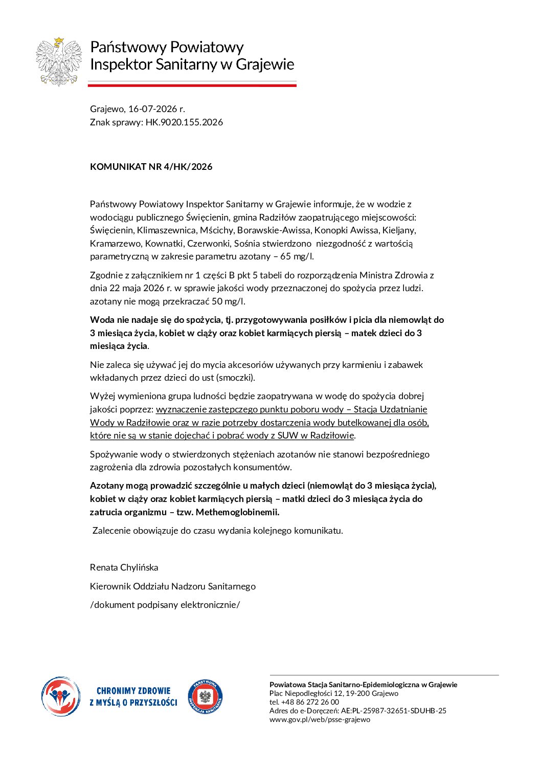 KOMUNIKAT w sprawie wody przeznaczonej do spożycia z wodociągu Święcienin